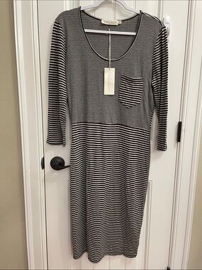 LA RELAXED Black and Tan Striped Midi Dress Size Medium